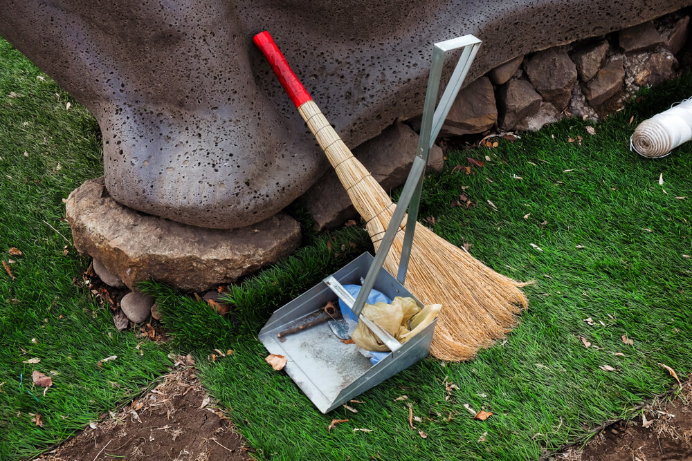 Broom and Dustpan Standing on Artificial Grass, Cleaning Concept