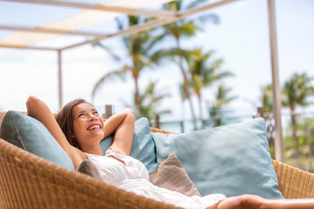 Luxury Home Living Woman Relax Enjoying Sofa Furniture of Outdoor Patio