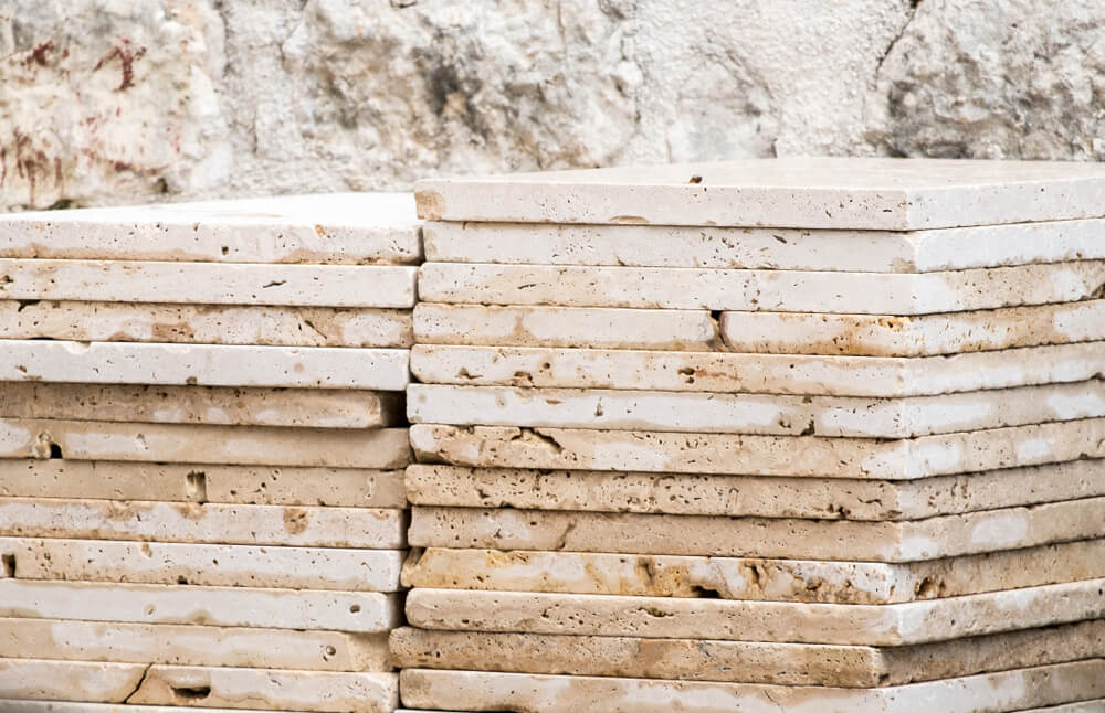 Marble, Pile of Slabs, Travertine Prepared for Incorporation