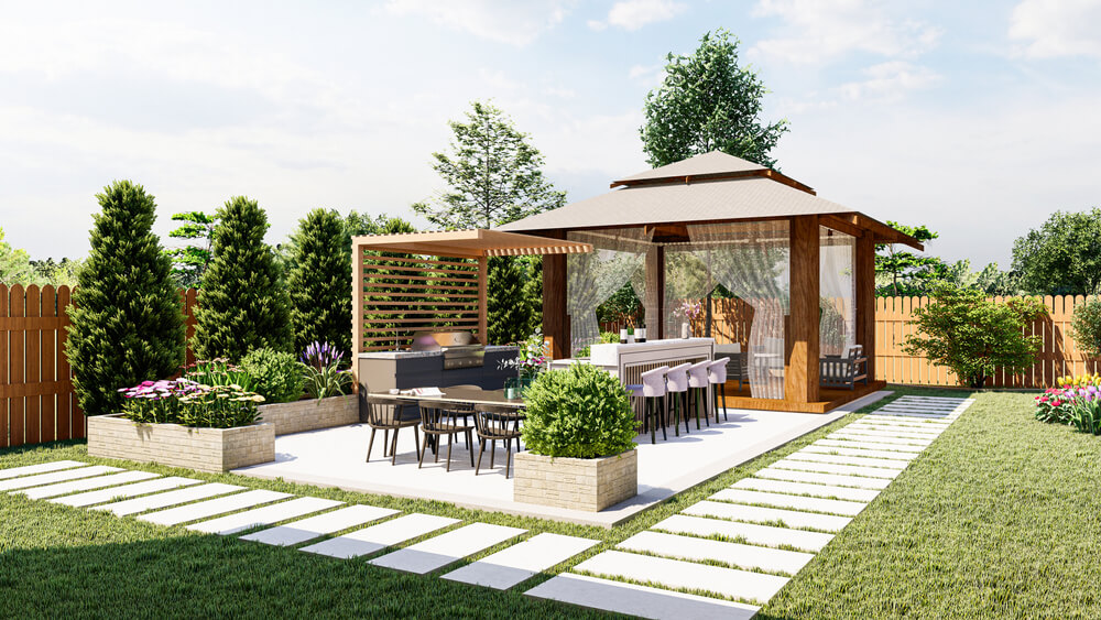 Backyard Design With Freeform Pool, Kitchen, Gazebo